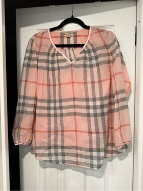 Burberry Pink Plaid Lightweight V-Neck Blouse